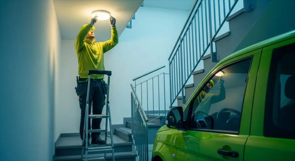 Arbeiter wechselt auf einer Leiter die Deckenlampe im Treppenhaus — Kleininstandhaltung und Hausmeisterservice im Wohngebäude.