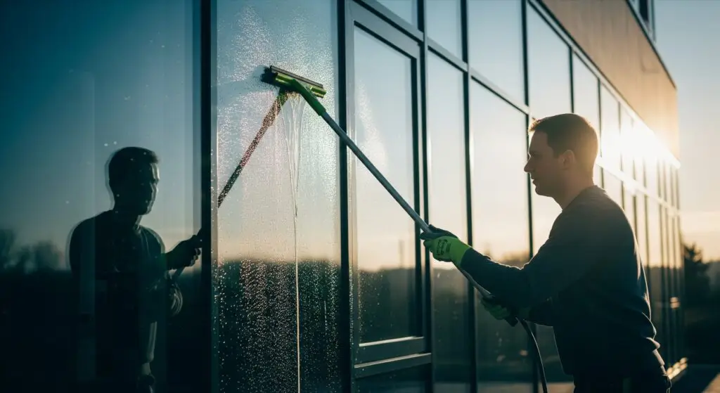 Reinigung einer Glasfassade mit dem Fensterabzieher — streifenfreie Glas- und Unterhaltsreinigung als Teil der Gebäudereinigung.