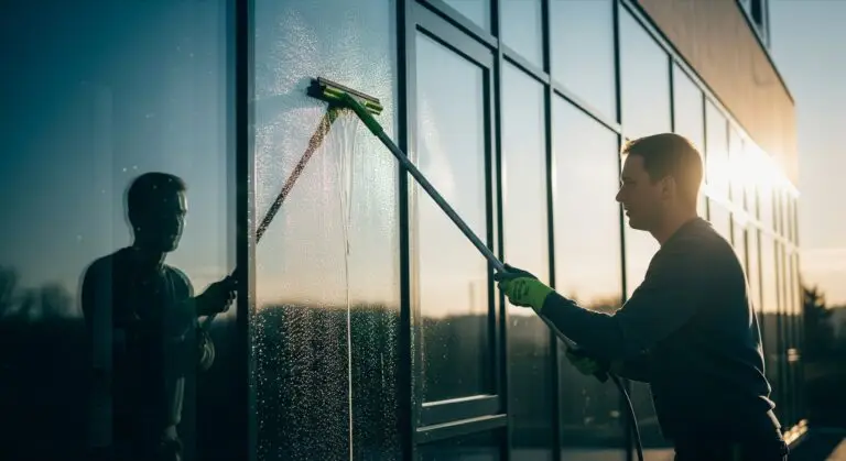 Reinigung einer Glasfassade mit dem Fensterabzieher — streifenfreie Glas- und Unterhaltsreinigung als Teil der Gebäudereinigung.