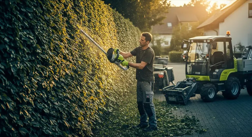 Gärtner schneidet eine Hecke mit dem Heckenschneider, Schnittgut fliegt — regelmäßige Grünpflege rund ums Wohnobjekt im Raum Augsburg.