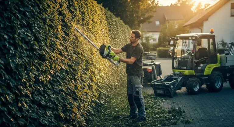 Gärtner schneidet eine Hecke mit dem Heckenschneider, Schnittgut fliegt — regelmäßige Grünpflege rund ums Wohnobjekt im Raum Augsburg.