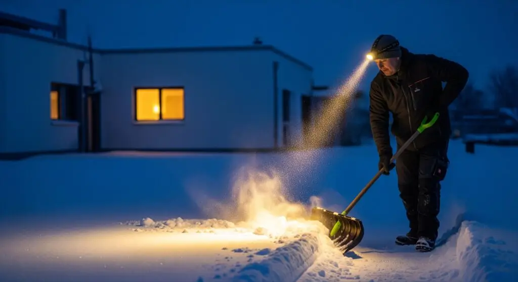 Schneeräumen in der blauen Stunde mit Stirnlampe und Schneeschaufel — Winterdienst vor Tagesanbruch im Raum Augsburg.